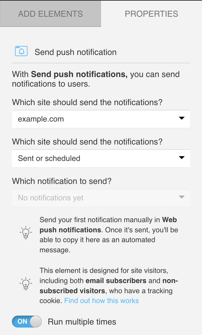 properties of the Send push notification action