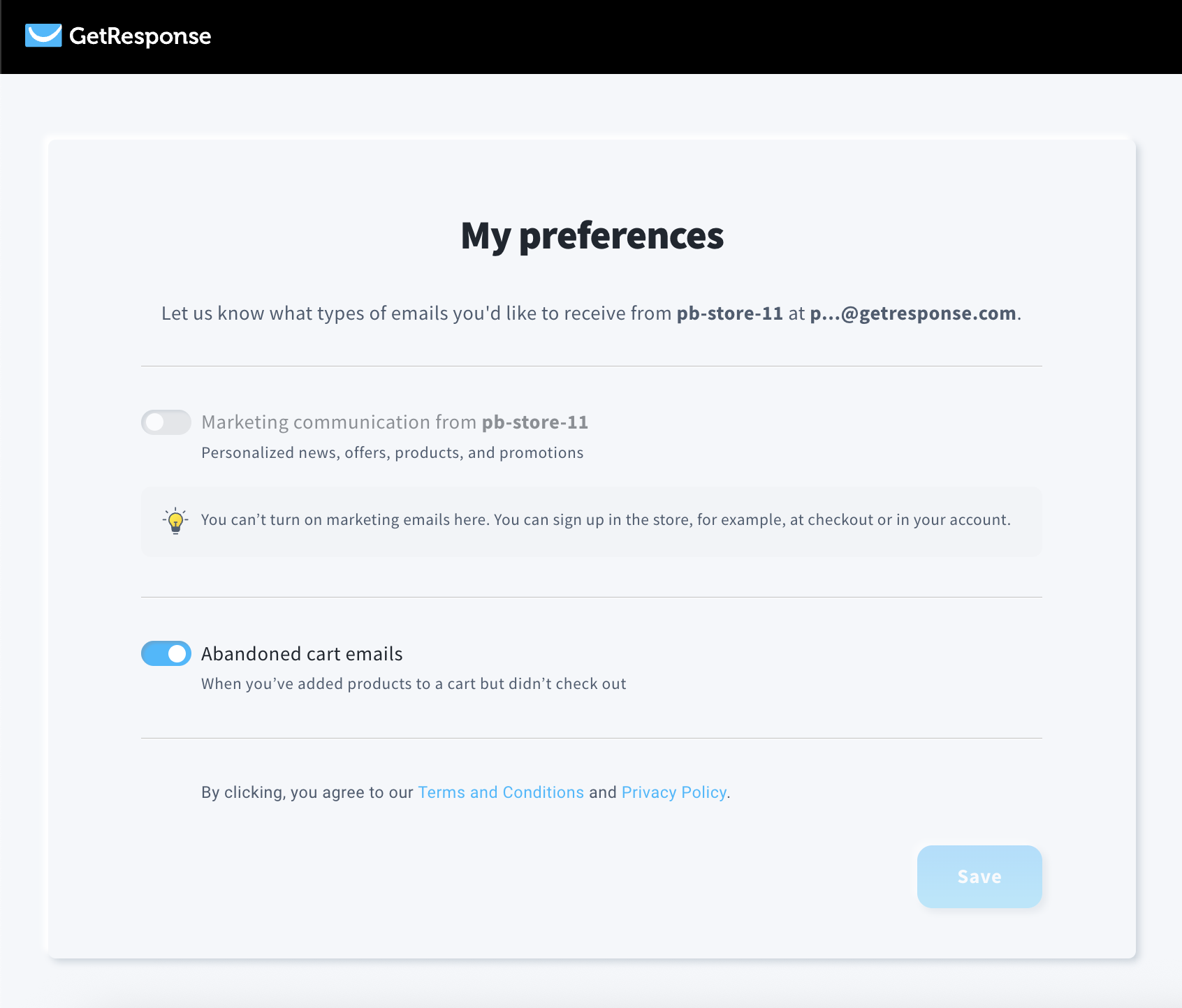 preferences screen with sliding options to receive marketing communications