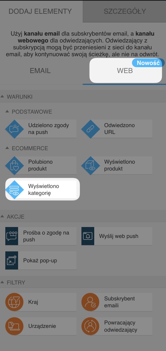 Sekcja automatyzacji kanału web z wybranym warunkiem ”Wyświetlono kategorię” w podstawowych warunkach web,