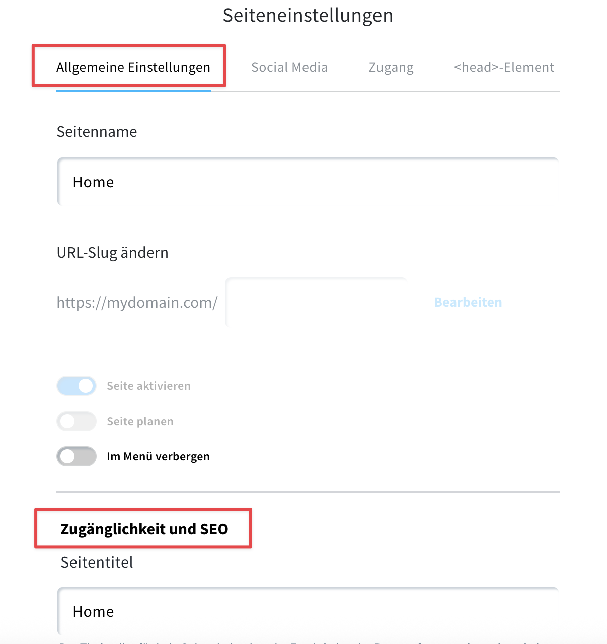 Ansicht der Haupteinstellungen der Website sowie des SEO-Einstellungsbereichs