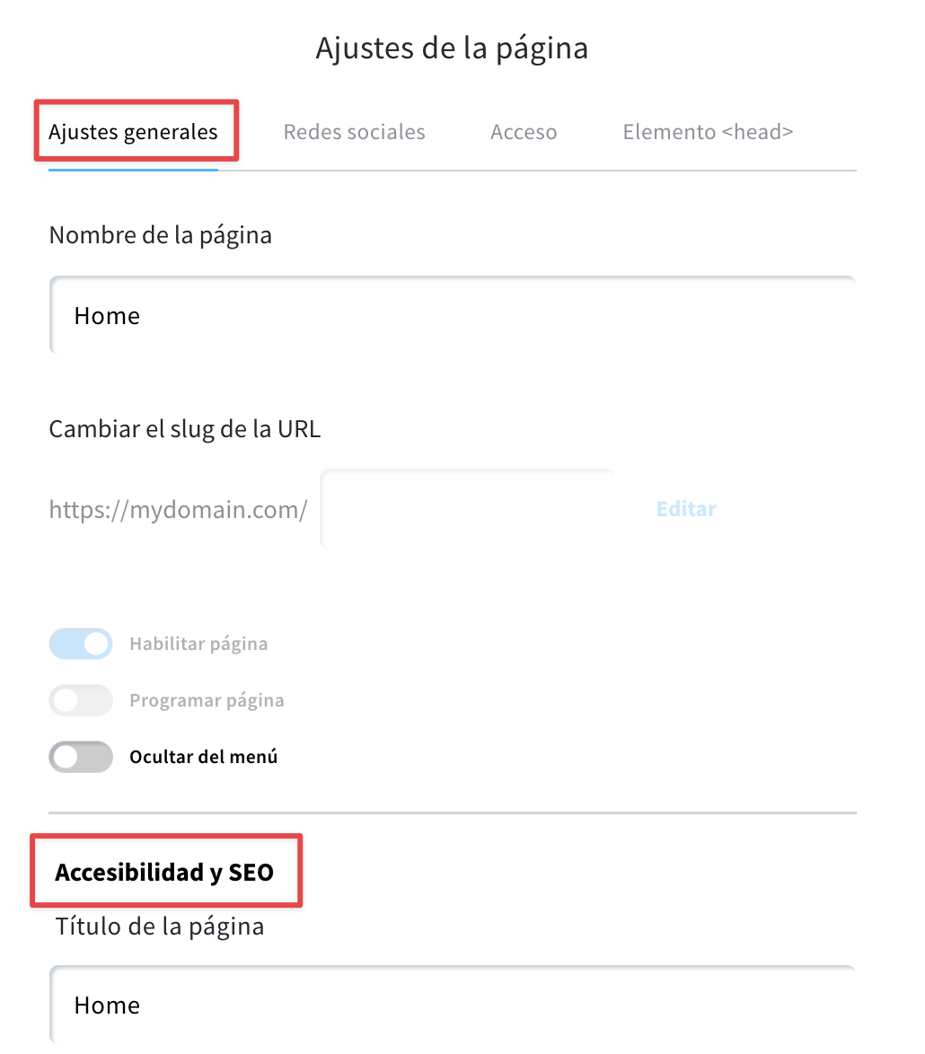 Vista de la configuración principal del sitio web y de la sección de configuración SEO