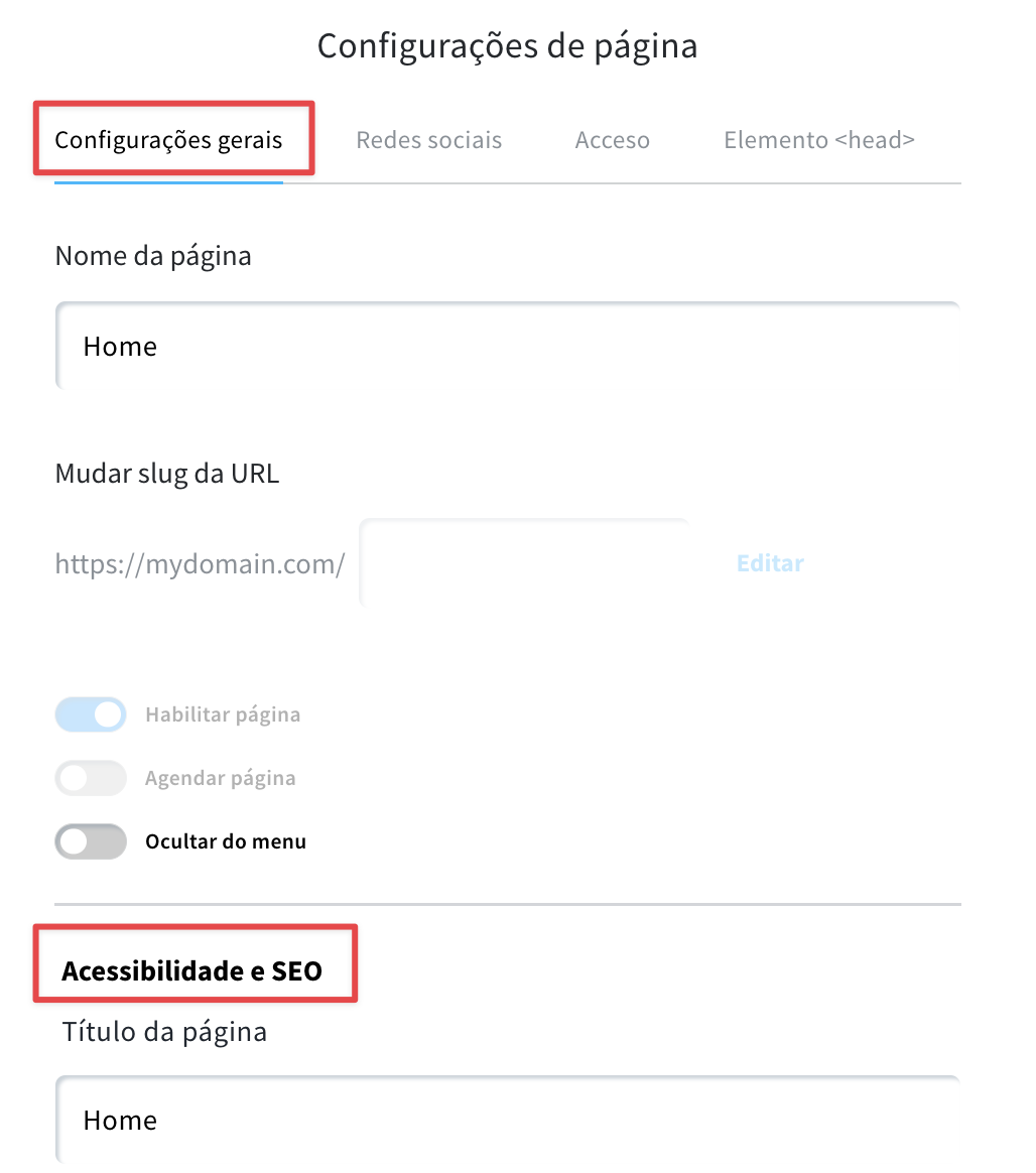 Visualização das configurações principais do site e da seção de configurações de SEO