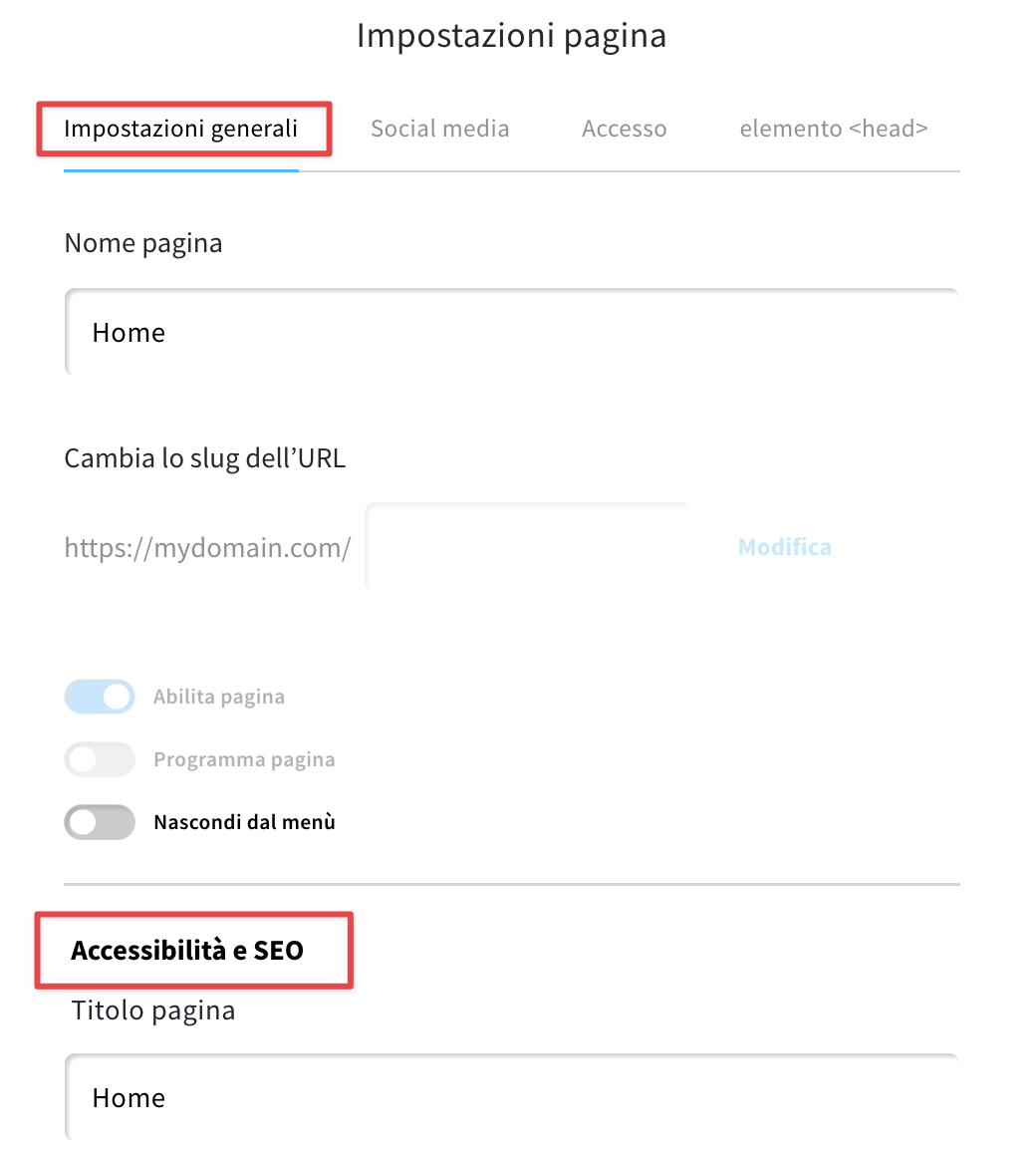 Visualizzazione delle impostazioni principali del sito web e della sezione delle impostazioni SEO