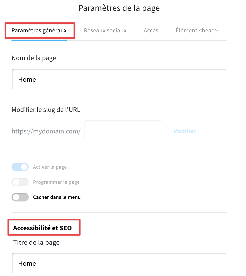 Vue des paramètres générauxdu site web et de la section des paramètres SEO