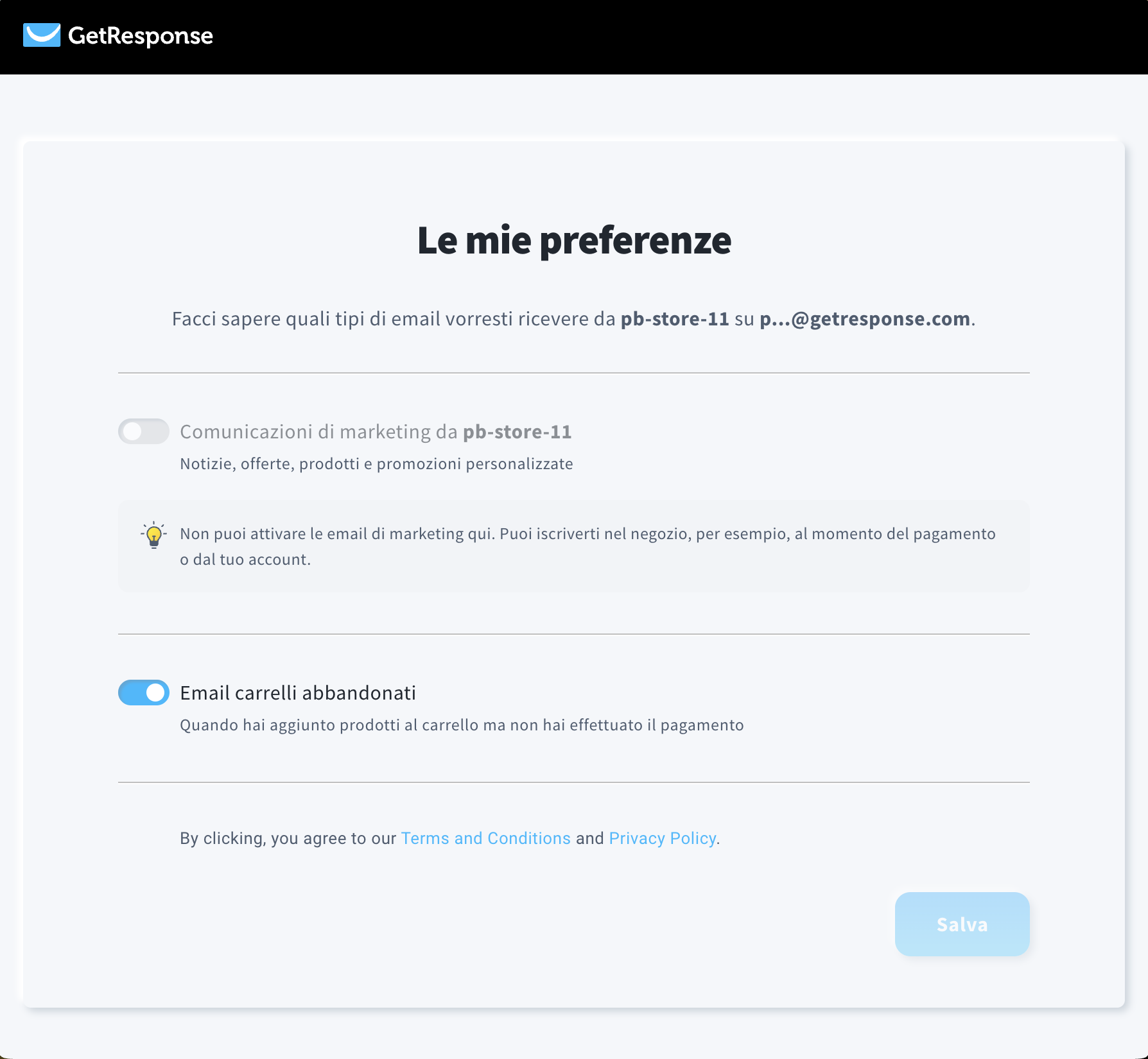 Schermata delle preferenze con opzioni a scorrimento per ricevere comunicazioni di marketing
