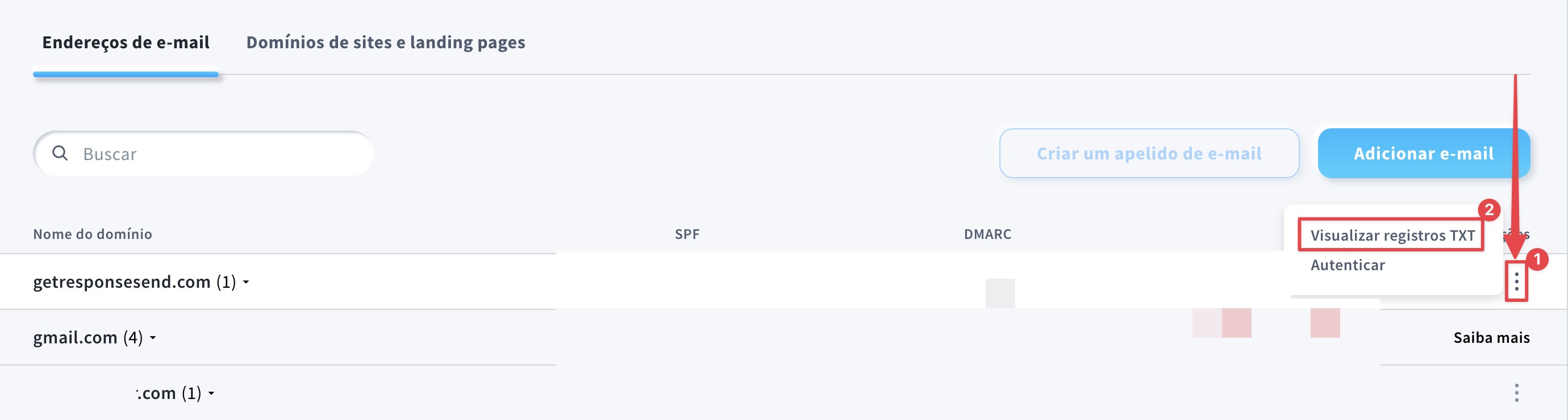 Configurações de e-mails e domínios
