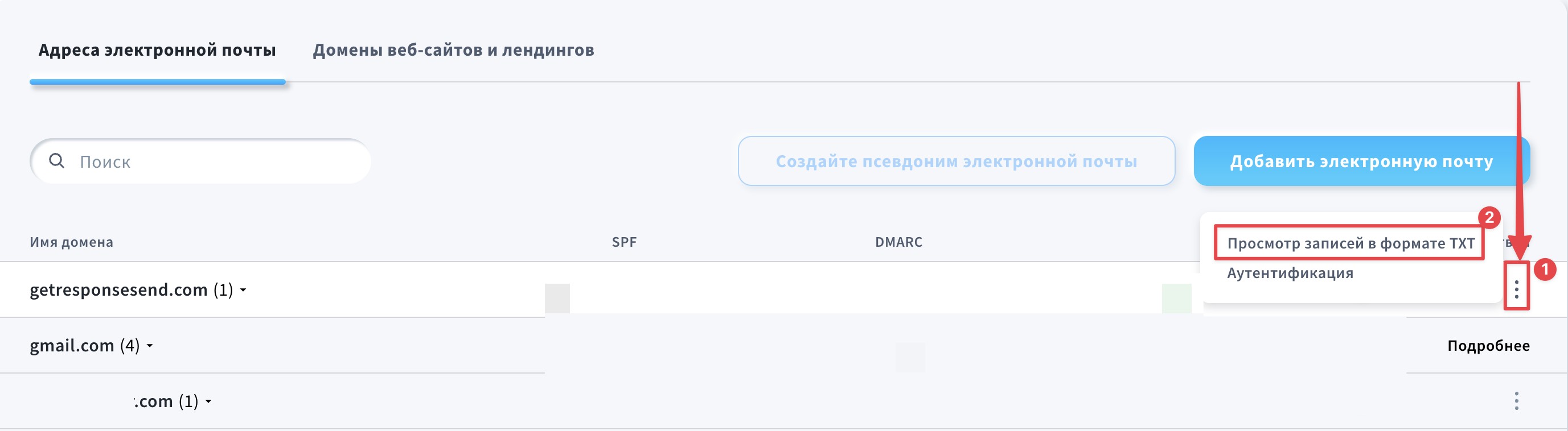Настройки электронных адресов и доменов
