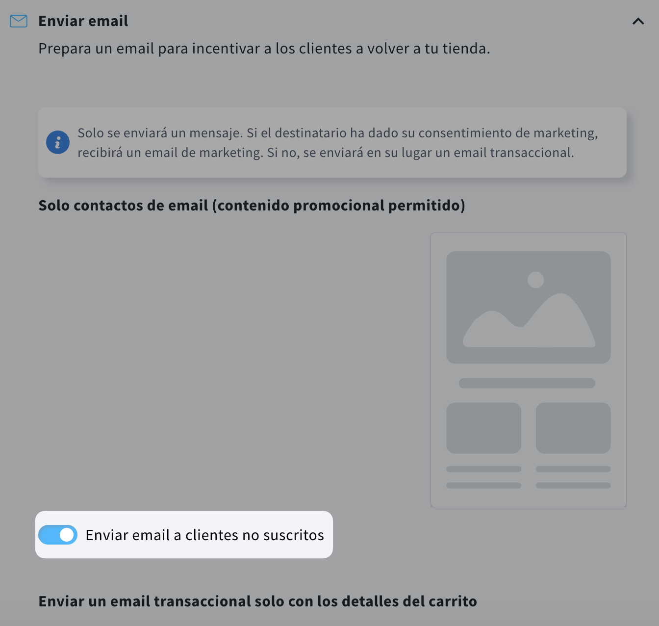 Un apartado de la configuración de la campaña de comercio electrónico con la opción Enviar email a clientes no suscritos activada.