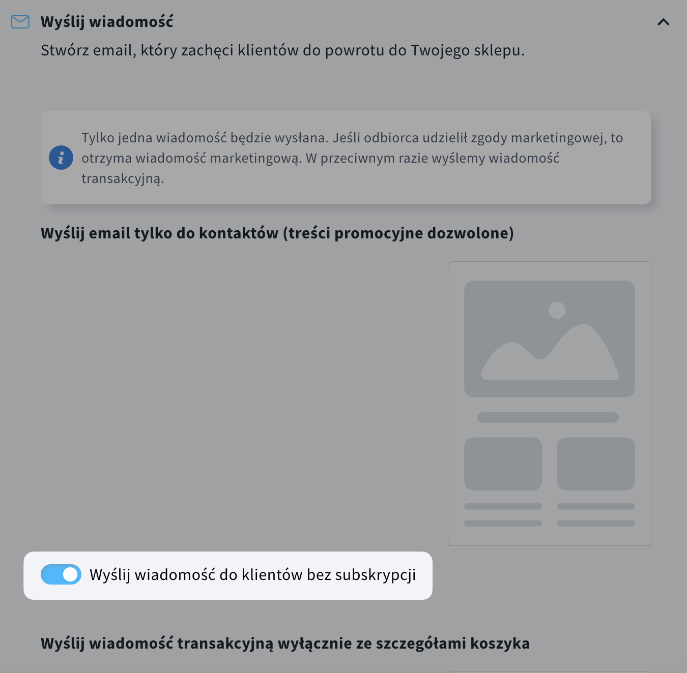 Fragment ustawień kampanii e-commerce z włączonym przełącznikiem „Wyślij wiadomość do klientów bez subskrypcji"