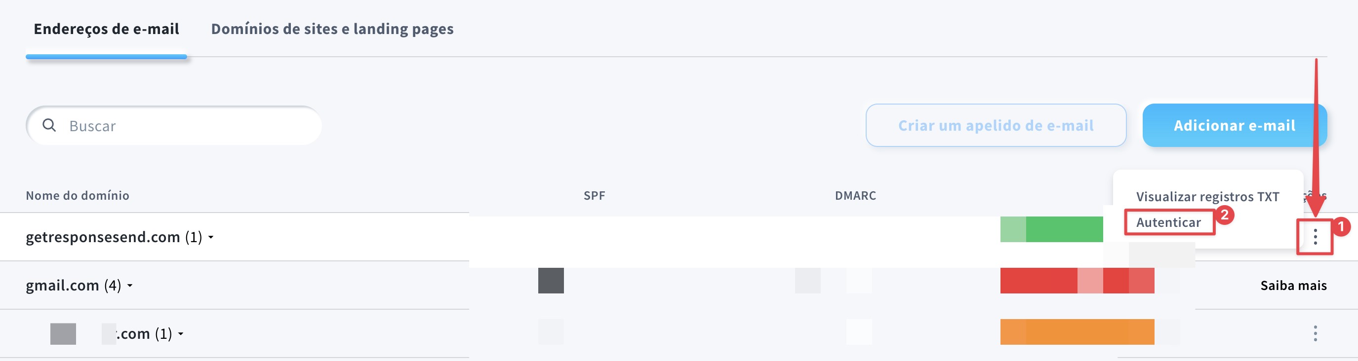 Configurações de e-mails e domínios
