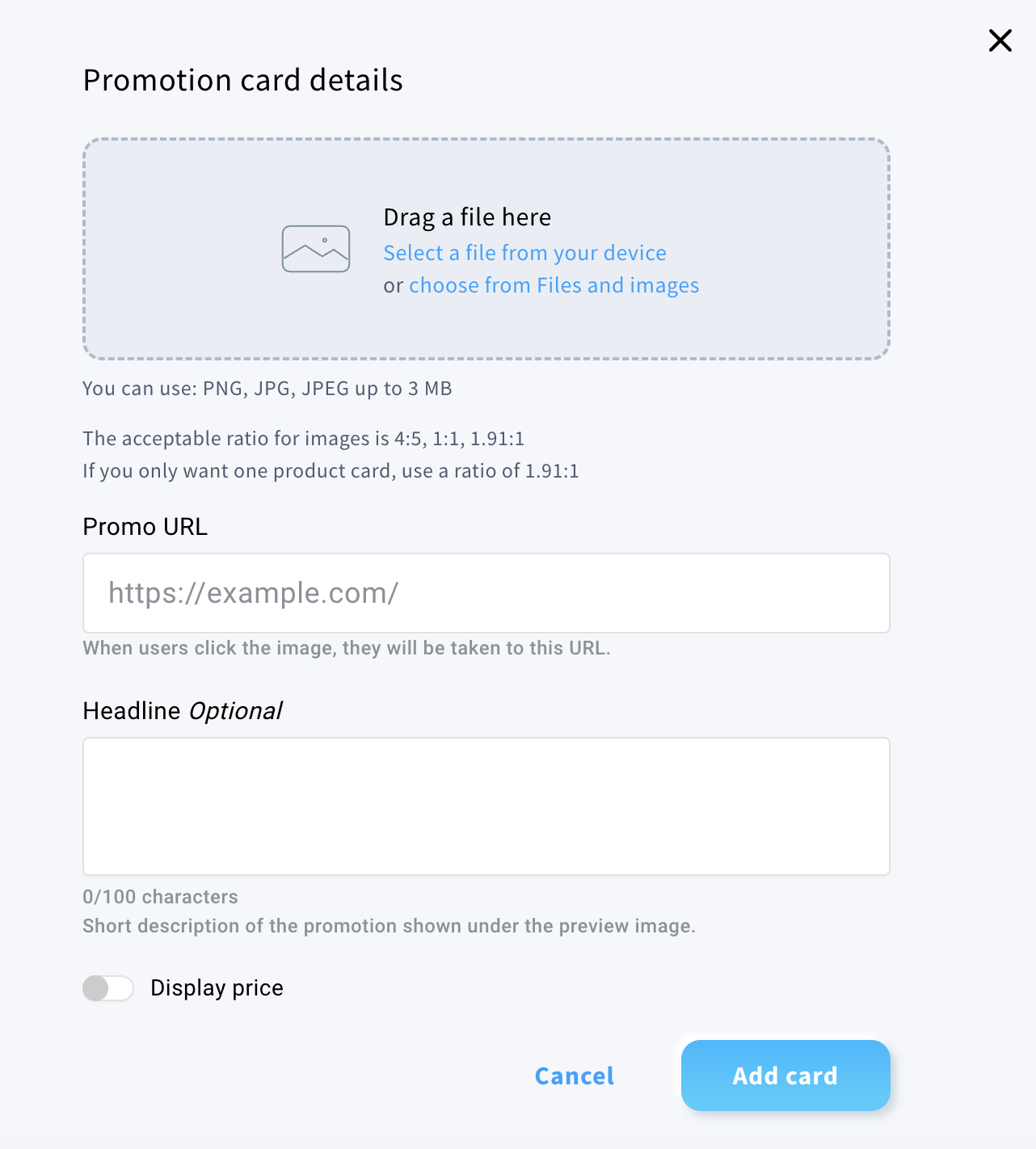 The Promotion card details window where you can configure the promotion card