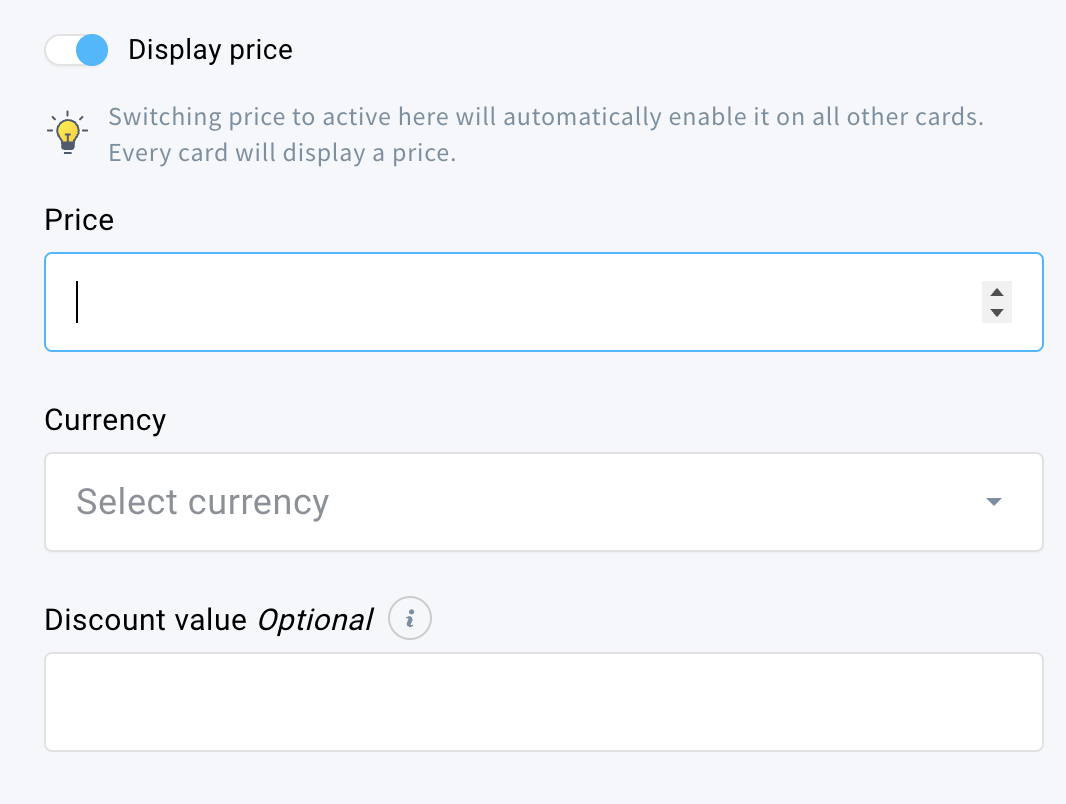 The settings available when you decide to display the price of the product