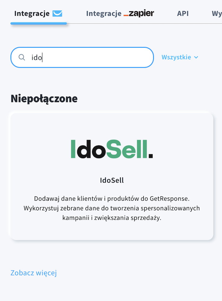 Blok integracji IdoSell w centrum integracji w koncie GetResponse