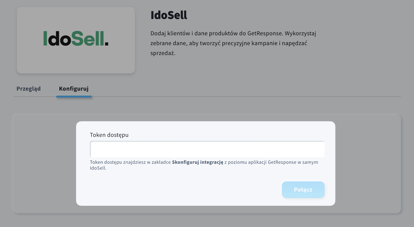 Ustawienia integracji IdoSell z zaznaczonym polem do wpisania tokenu