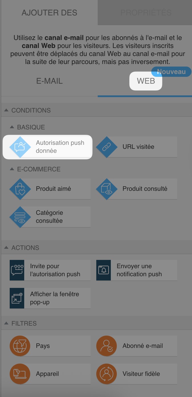 web channel automation section with 'Push permission given' condition selected under basic web conditions