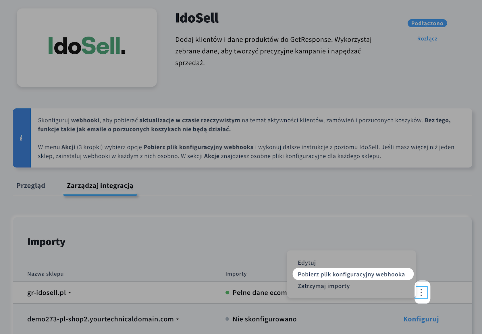 Widoczna opcja do pobrania pliku konfiguracyjnego