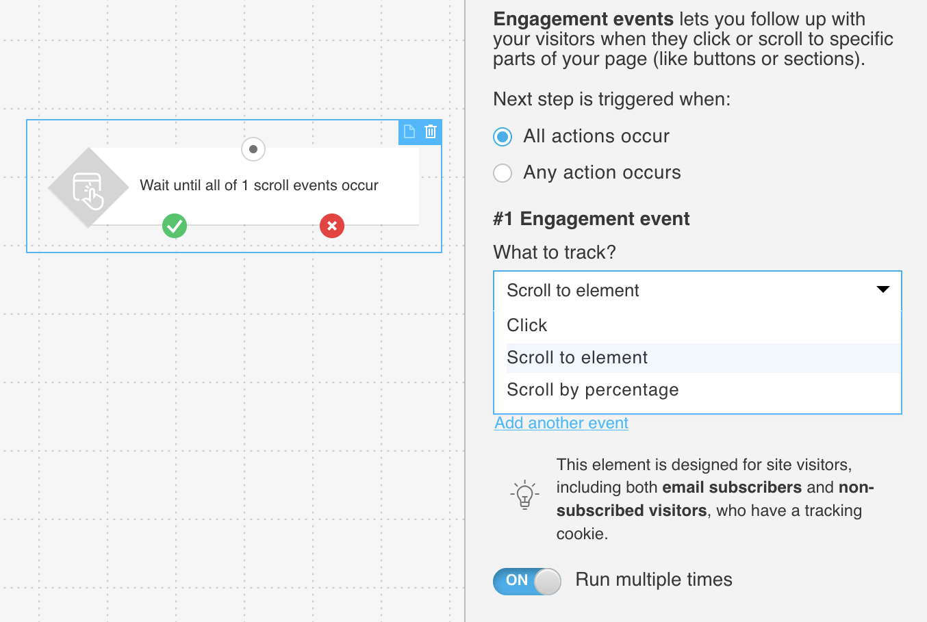 Engagement events' condition site path and define a parameter settings