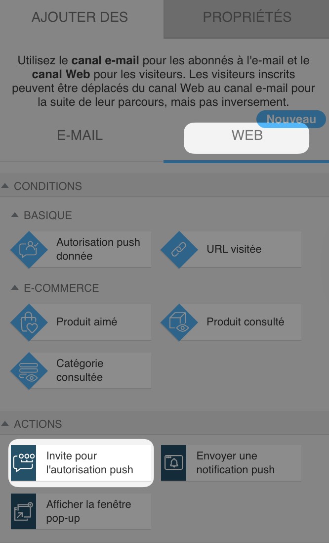 web channel automation section with 'Prompt for push notification' action selected under basic web actions