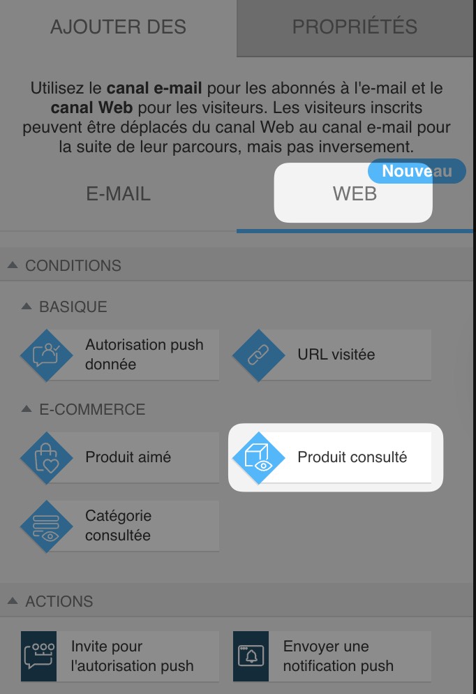 web channel automation section with 'Product viewed' condition selected under basic web conditions