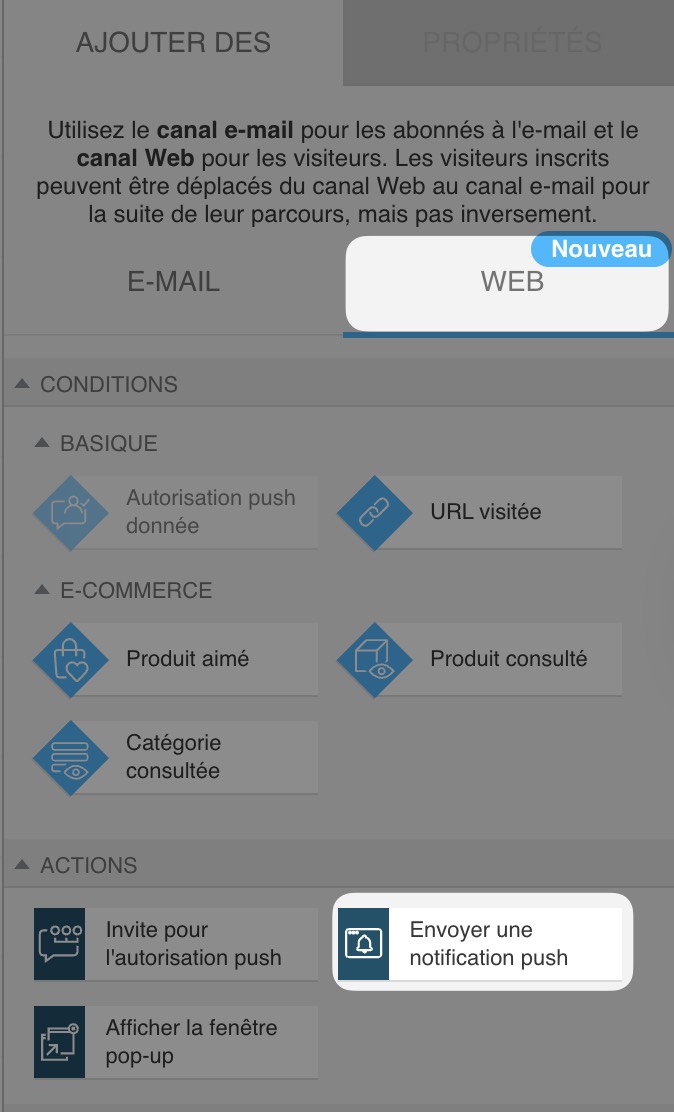 web channel automation section with 'Send push notification' action selected under basic web actions