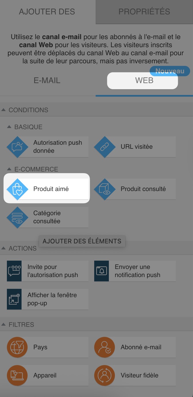 web channel automation section with 'Product liked' condition selected under basic web conditions