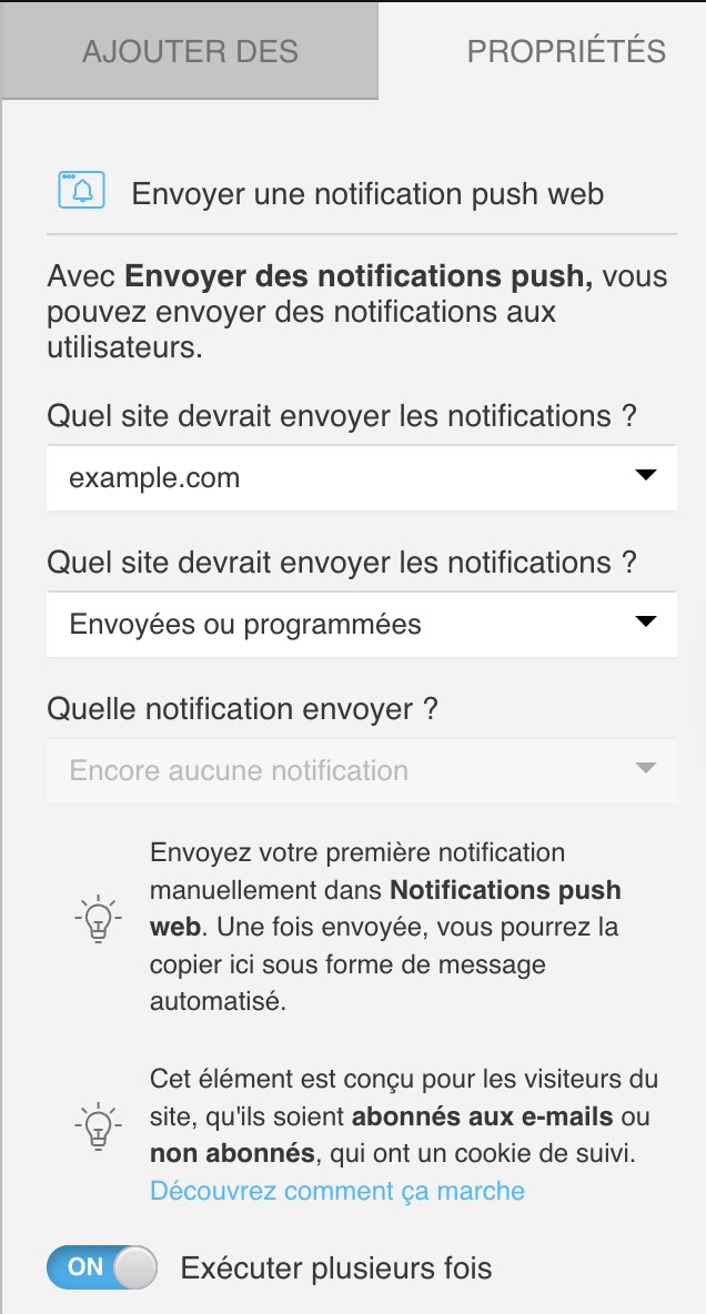 properties of the Send push notification action