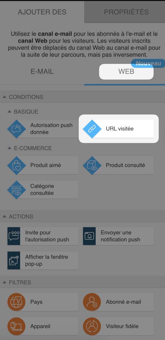 web channel automation section with 'Visited URL' condition selected under basic web conditions