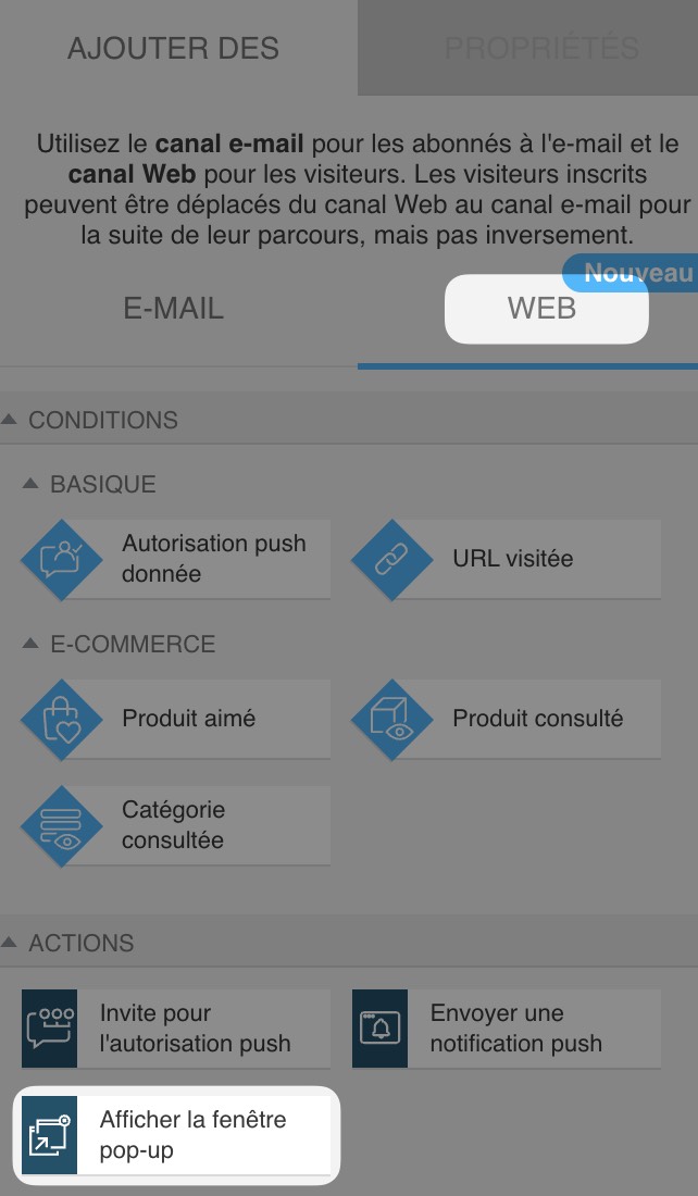 web channel automation section with 'Show popup' action selected under basic web actions