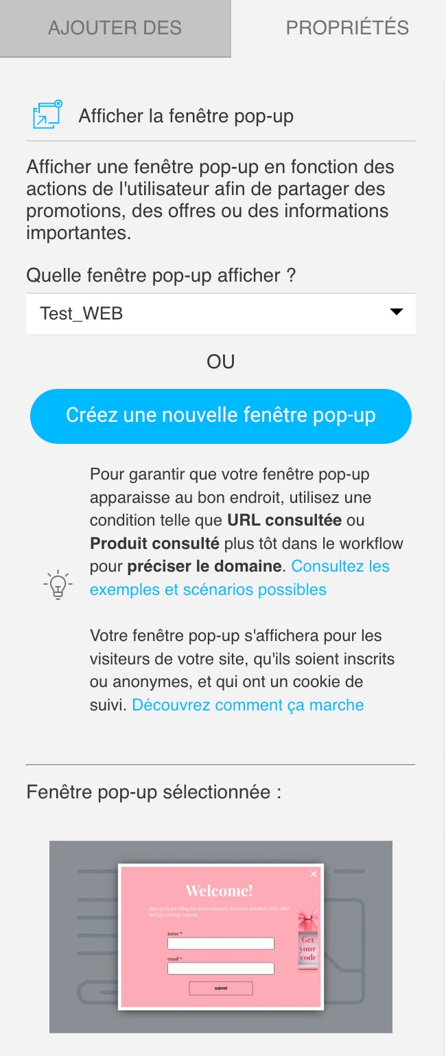 settings of the Show popup action