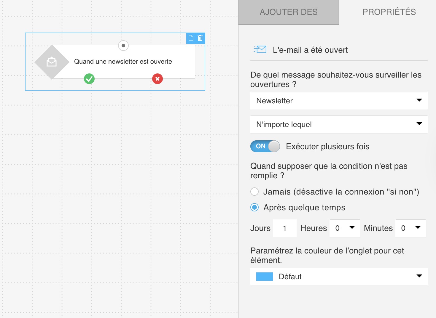Élément **Message ouvert** et ses paramètres, montrant comment configurer le chemin négatif lorsque la condition n’est pas remplie.