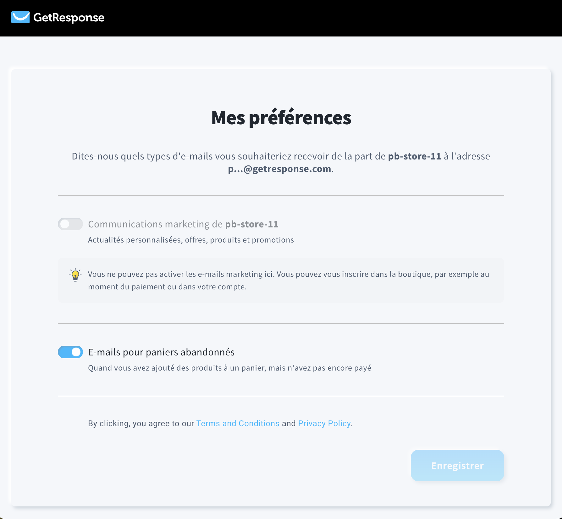 Écran de préférences avec options à bascule pour recevoir les communications marketing