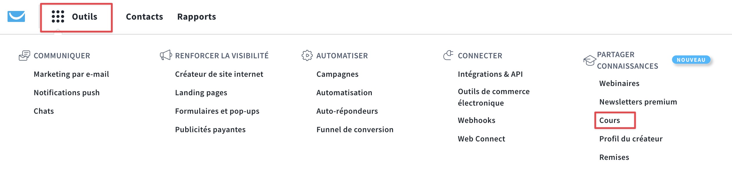 L’image montre comment accéder aux cours.
