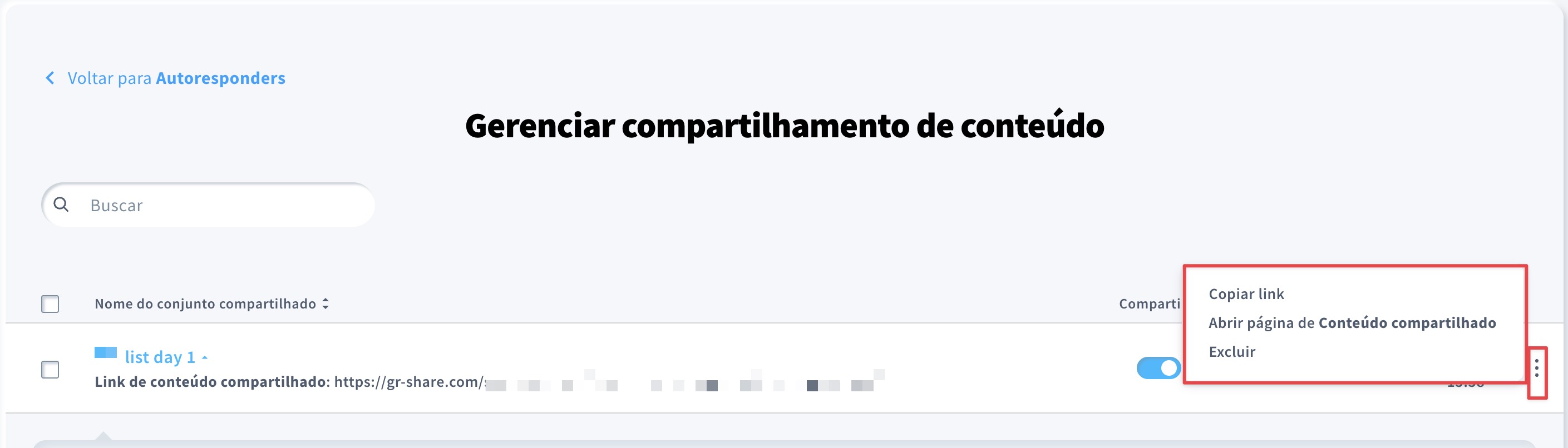 A imagem mostra as opções de gerenciamento disponíveis no menu de ações.