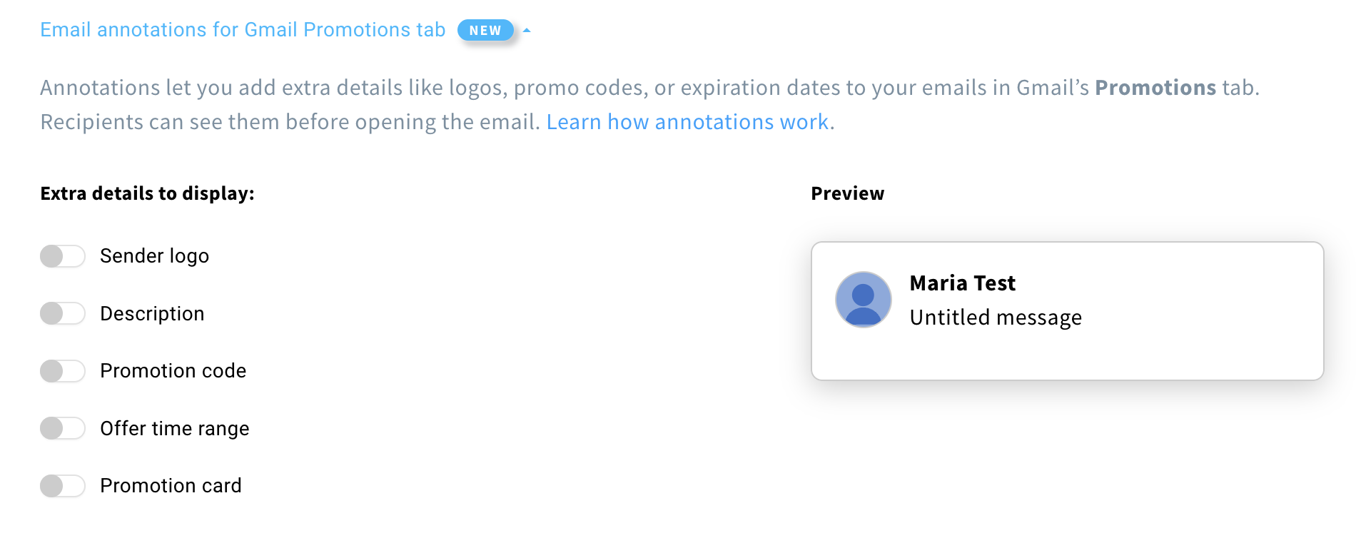 Available options in the Email annotations section
