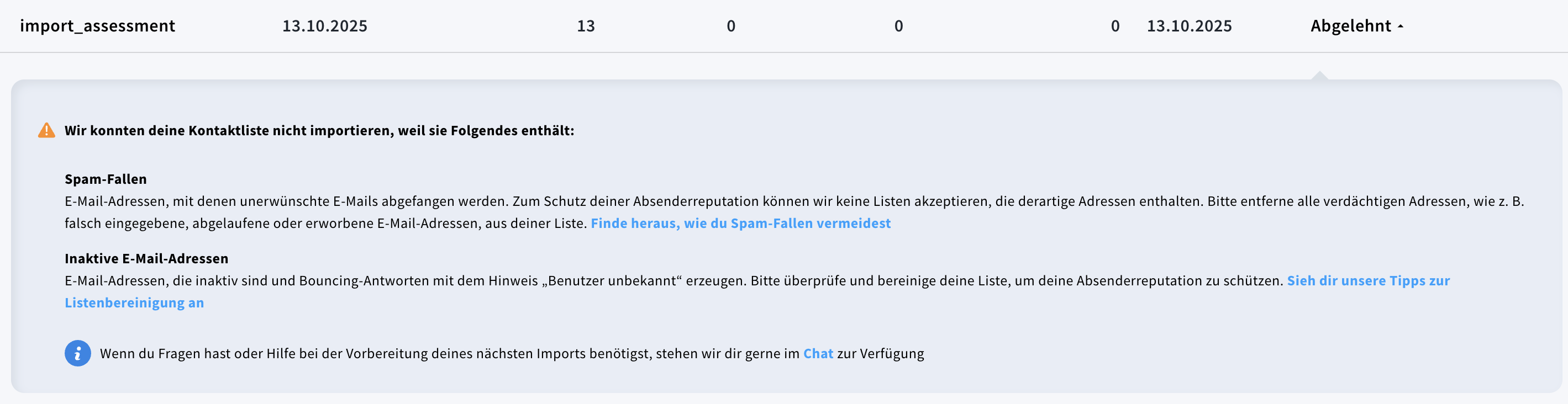 Details eines abgelehnten Imports