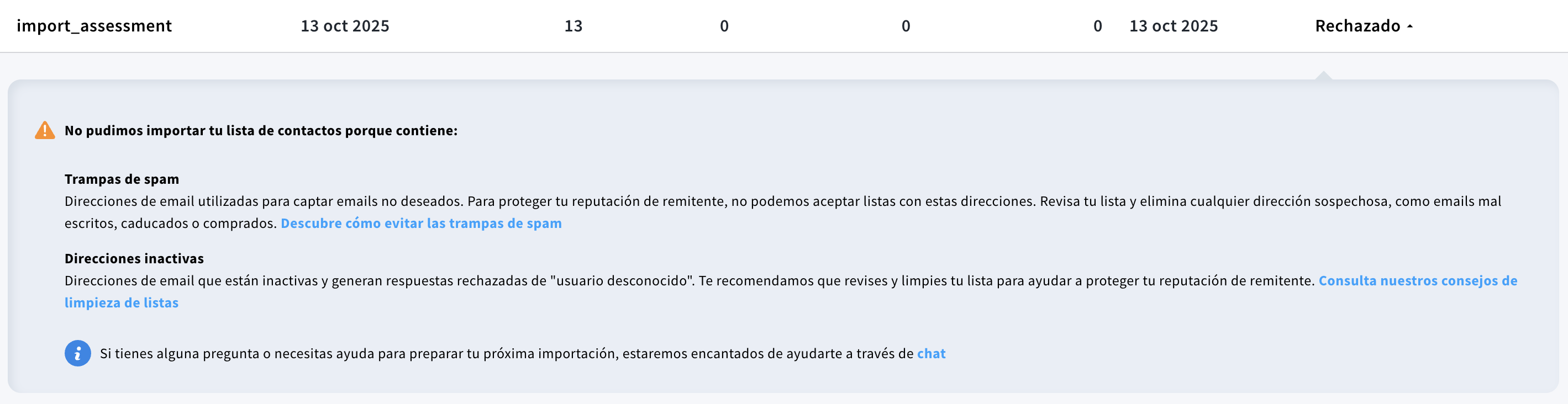 Detalles de una importación rechazada