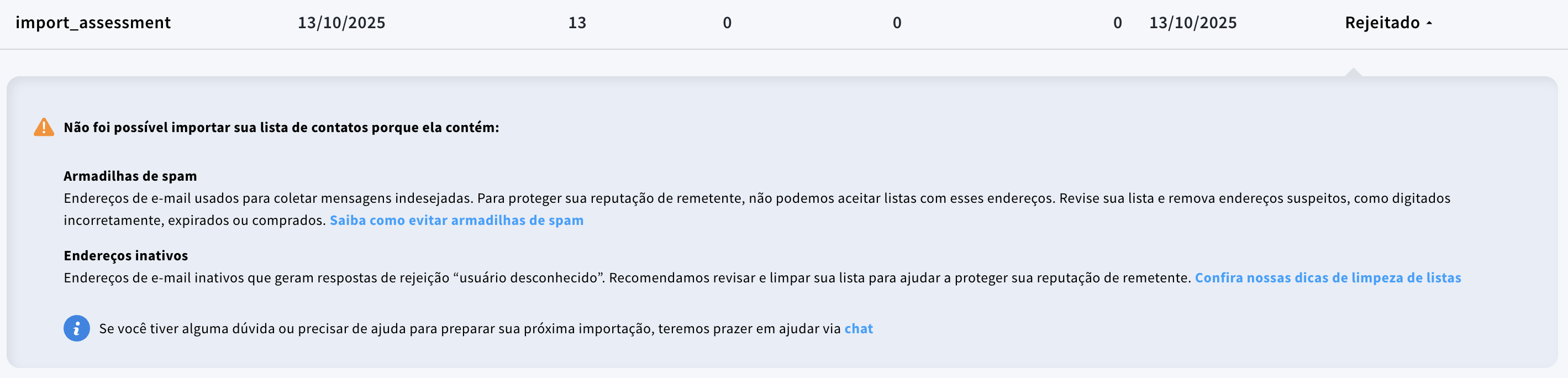 Detalhes de uma importação rejeitada