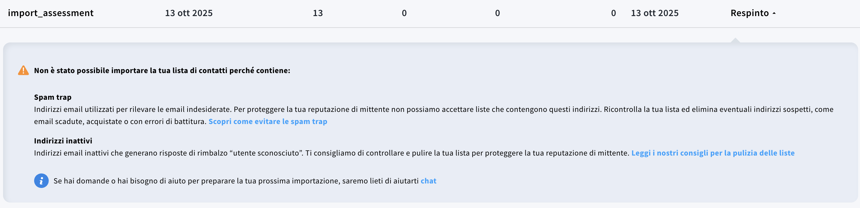 Dettagli di un’importazione rifiutata