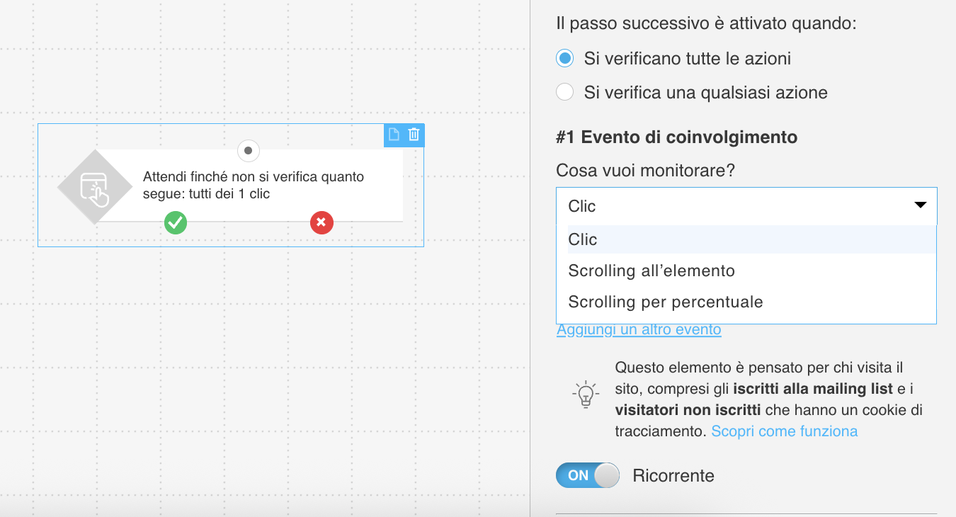 Percorso del sito della condizione 'Eventi di coinvolgimento' e impostazioni per la definizione di un parametro