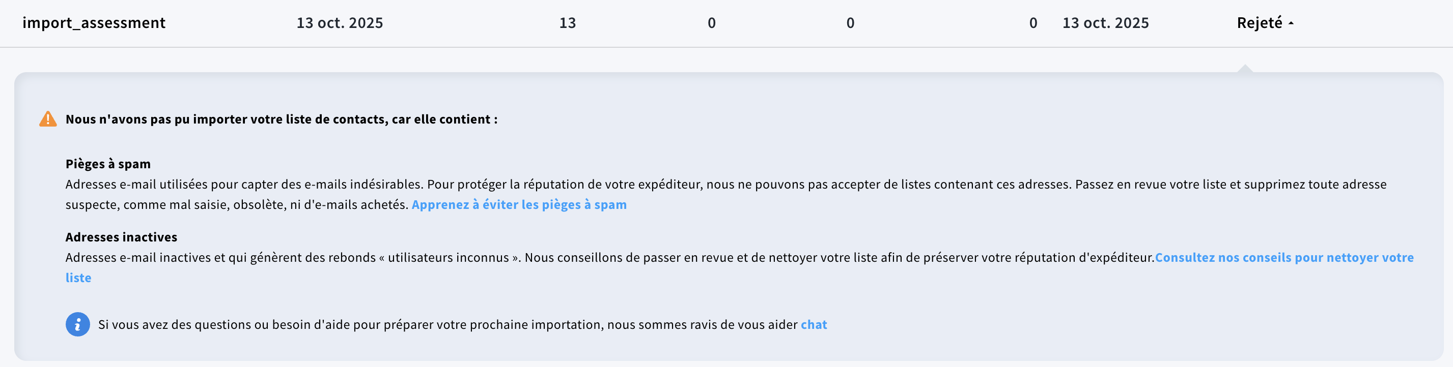 Détails d’une importation rejetée