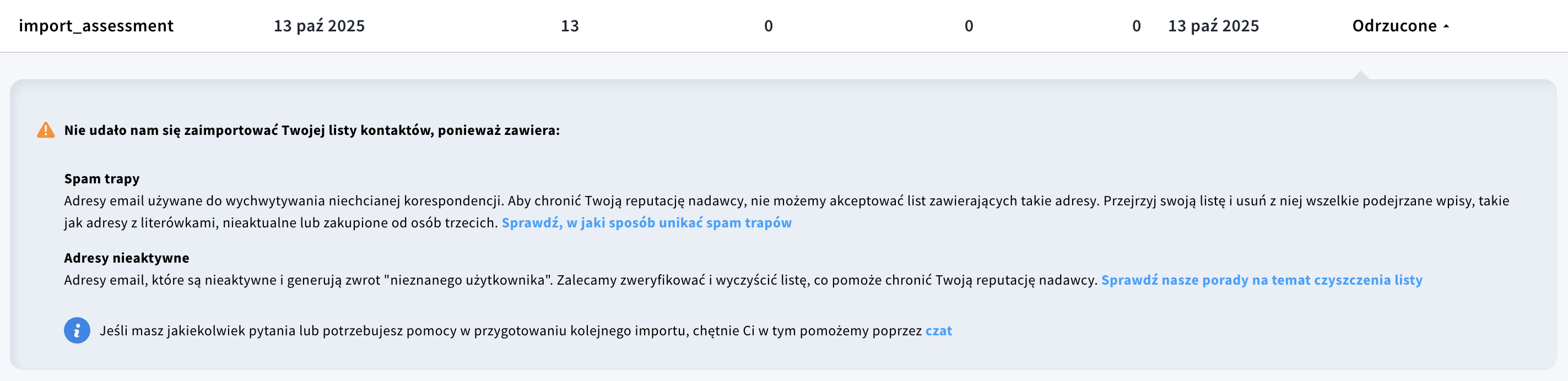 Szczegóły odrzuconego importu