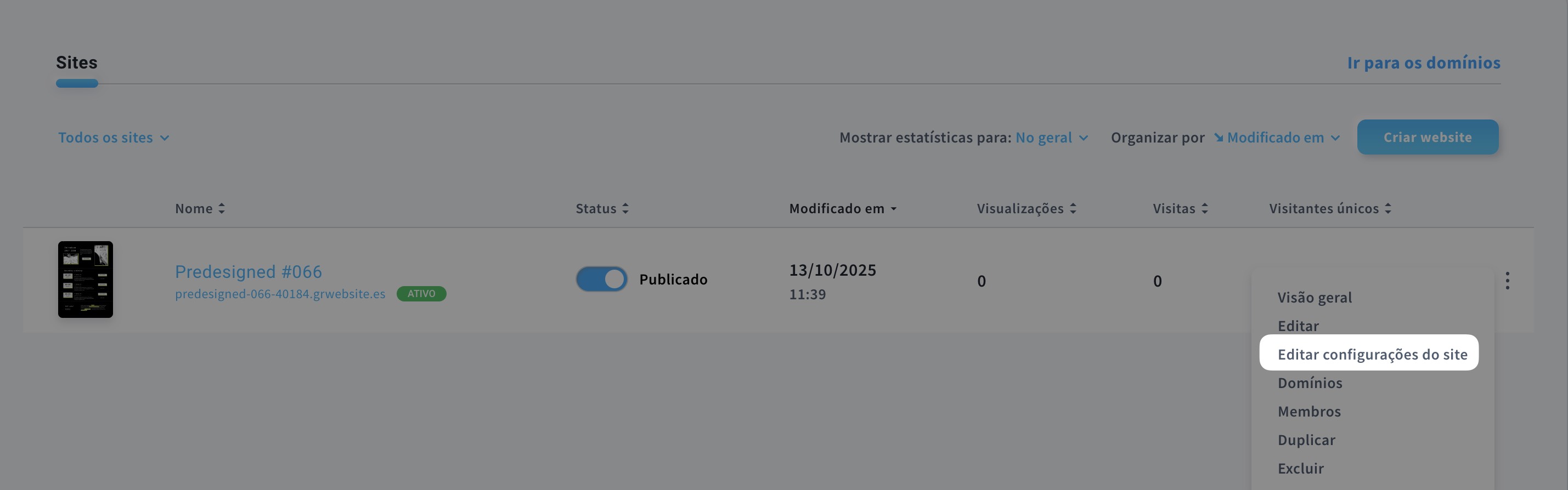 Editar configurações do site