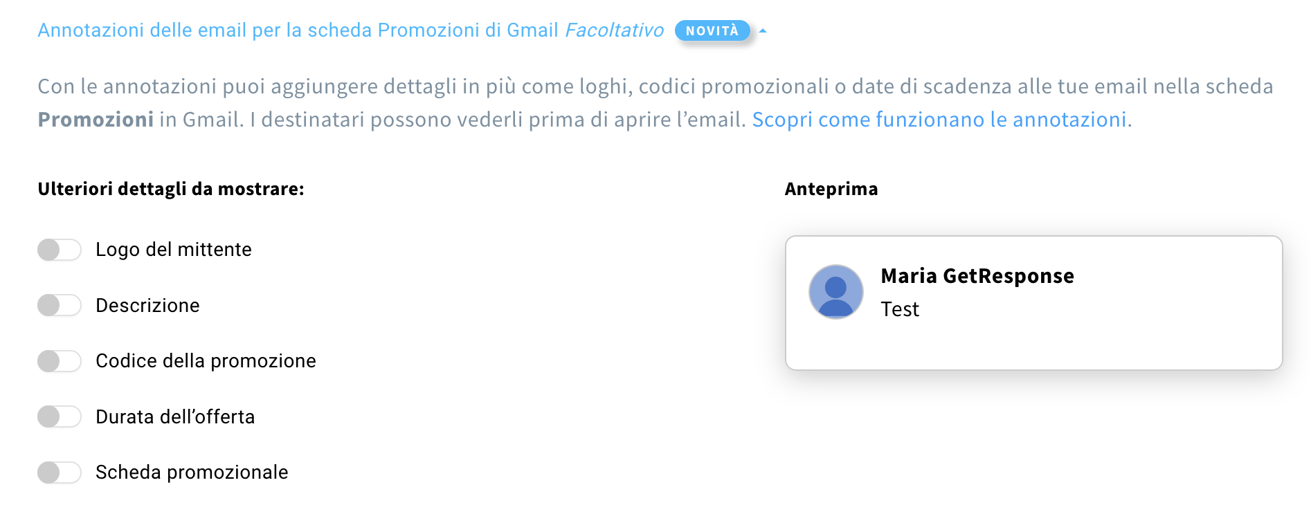 Opzioni disponibili nella sezione Annotazioni e-mail