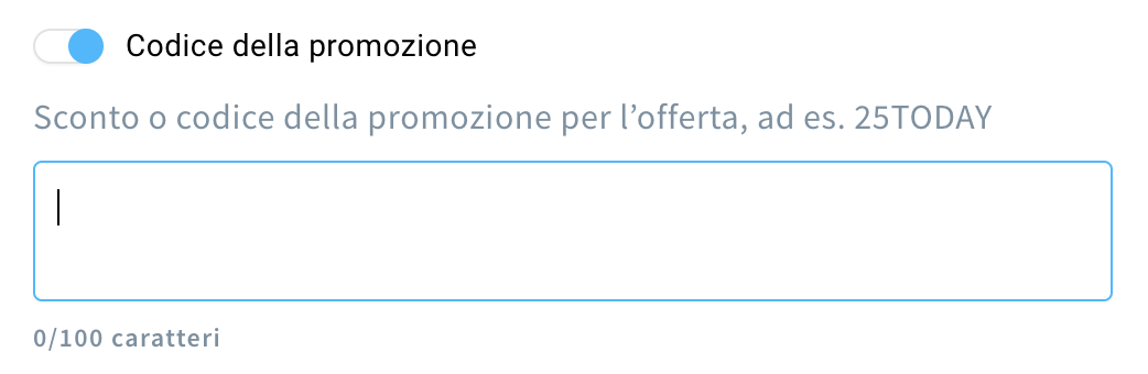 L'opzione Codice della promozione con le sue impostazioni