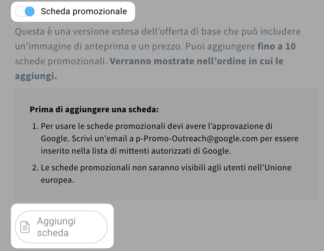 L'opzione Scheda promozionale