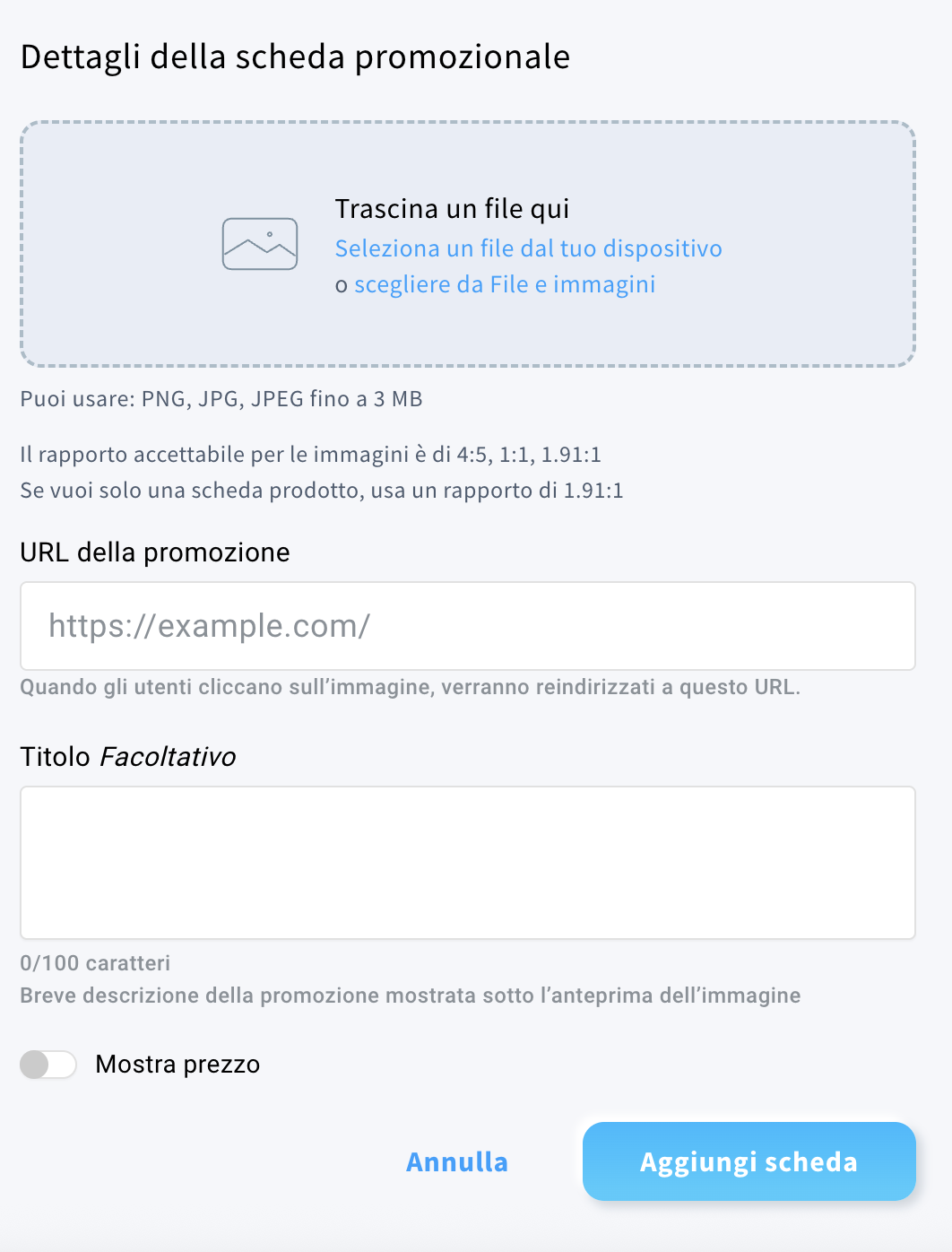 La finestra dei dettagli della scheda promozionale in cui è possibile configurare la scheda promozionale