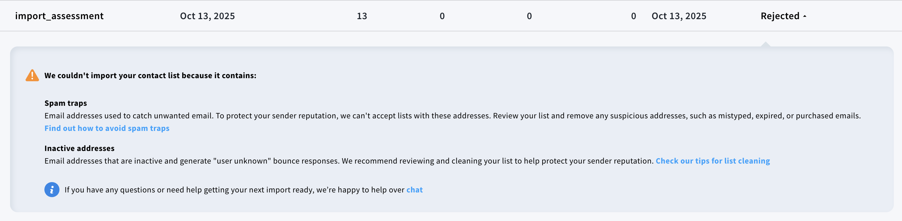 Details of a rejected import