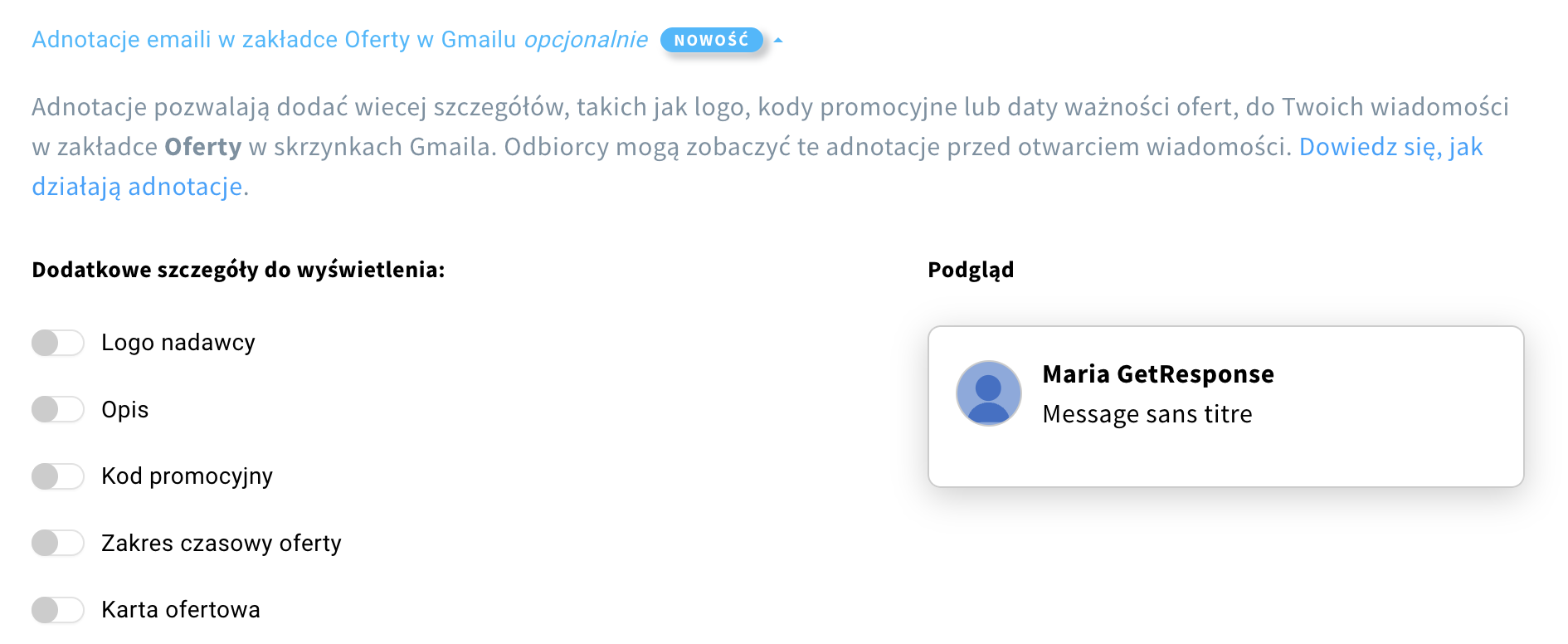 Dostępne opcje w sekcji Adnotacje emaili