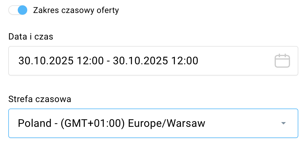 Opcja Zakres czasowy oferty i jej ustawienia