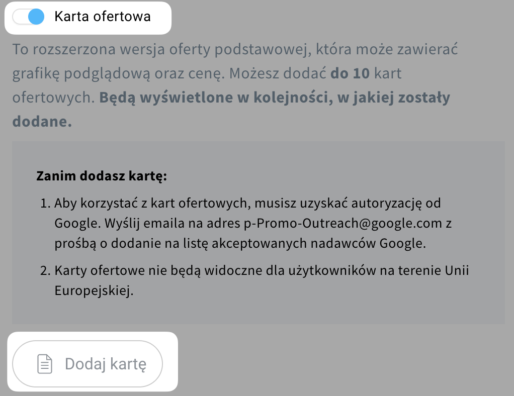 Opcja Karta ofertowa i jej ustawienia